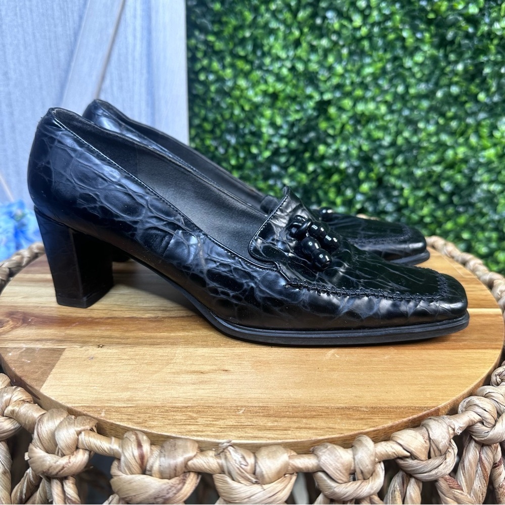 Stuart weitzman square toe croc embossed black heels